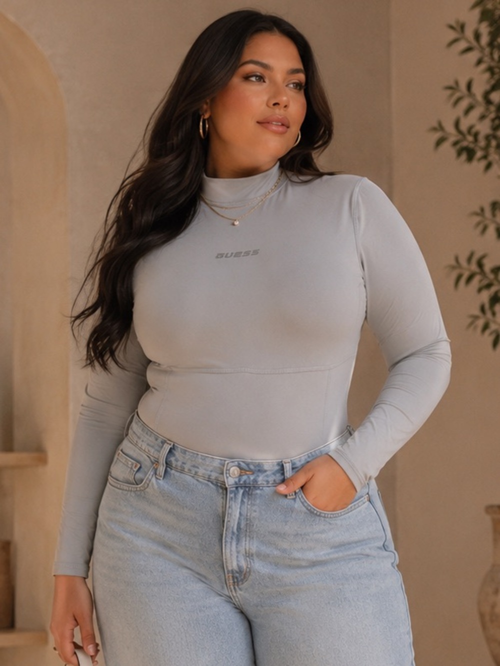 GUESS Women's Gray Long Sleeve High Neck Bodysuit
Size XL